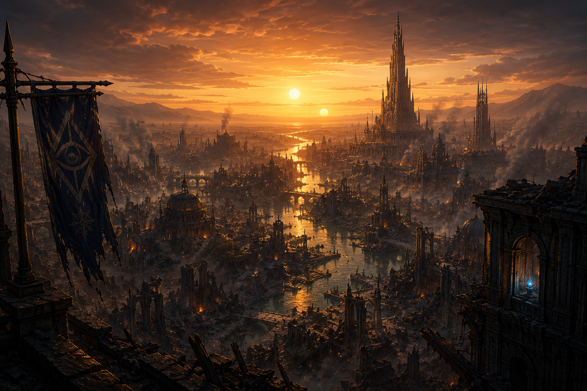 Aegis Prime beneath two setting suns after the Final Silence